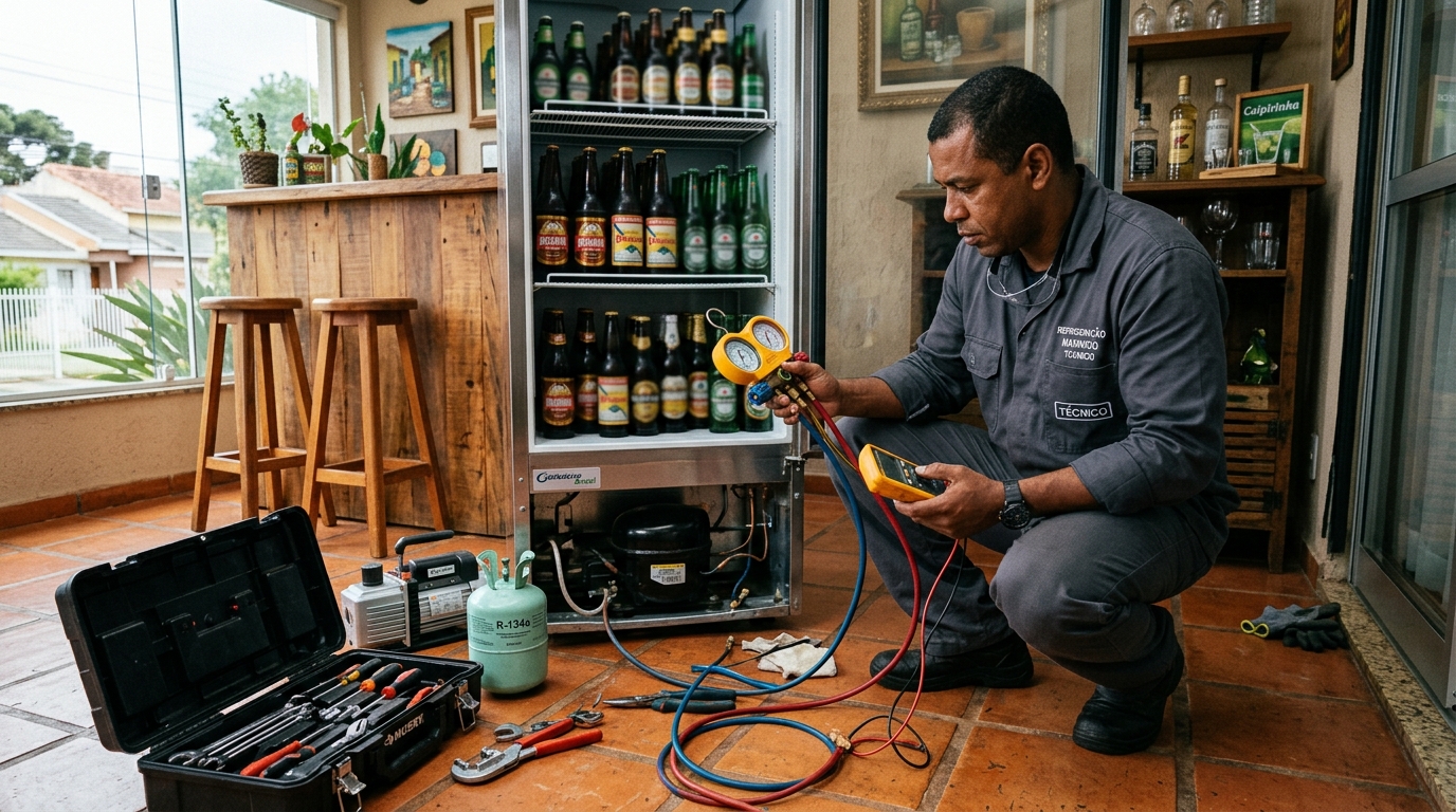 Profissional executando reparo no motor de cervejeira em Vila Velha‑ES