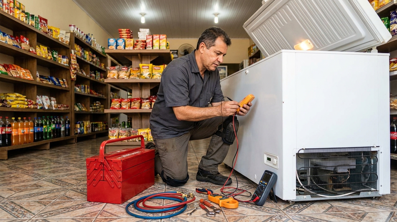 Recarga de gás refrigerante no freezer durante atendimento em Vila Velha‑ES