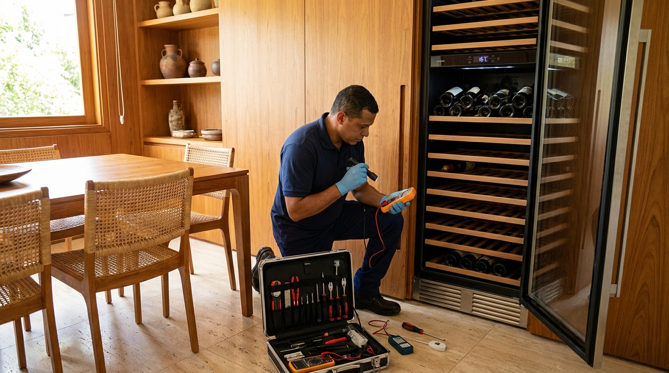 Substituição de termostato em adega climatizada em visita técnica em Vila Velha‑ES